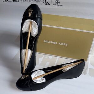 Michael Kors Honey Ballet Black Flats with Gold Accents Faux Leather with Box